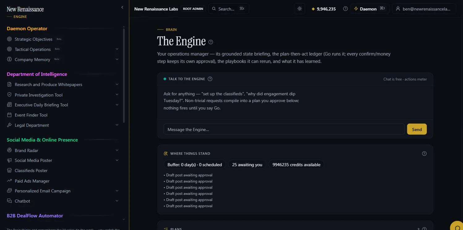 The Engine: chat with the operations manager — chat is free, actions meter — and the where-things-stand strip of buffer, items awaiting approval and credits available.