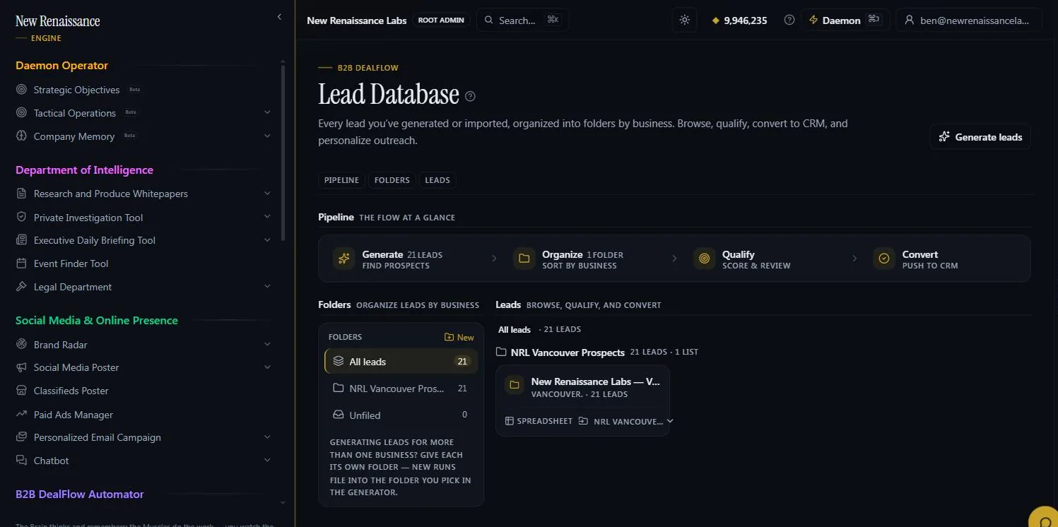 Lead Database: the generate, organise, qualify, convert pipeline strip, folders by business, and lead lists with a spreadsheet view.