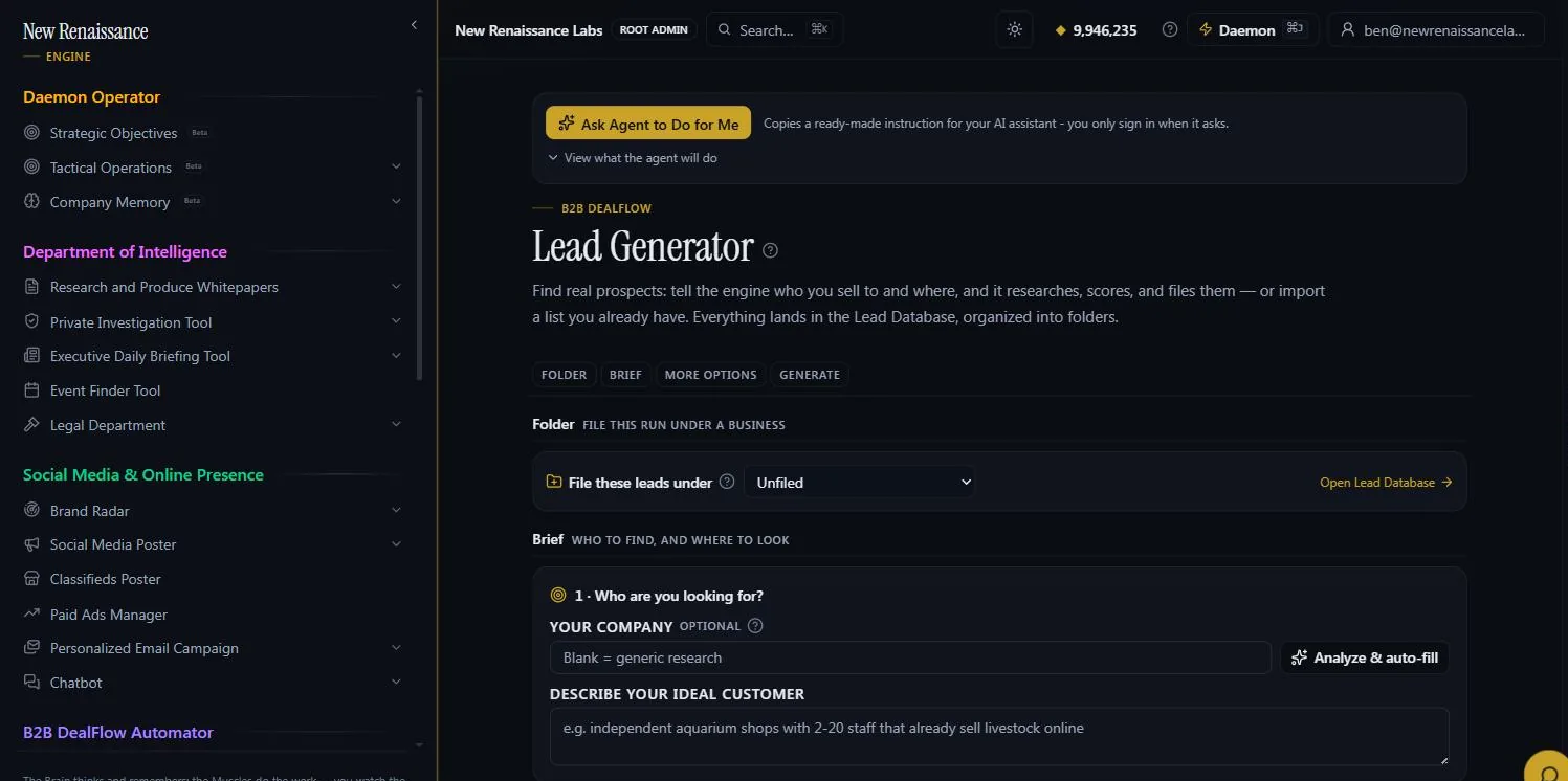 Lead Generator brief with folder, geography, ideal customer profile and the reserved-credit estimate before generation