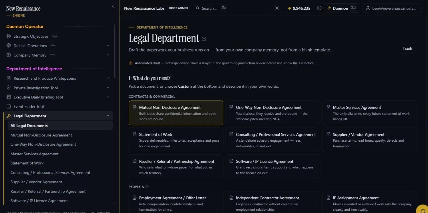 Legal Department: the automated-draft notice and the document catalogue by group, starting with Contracts and Commercial.