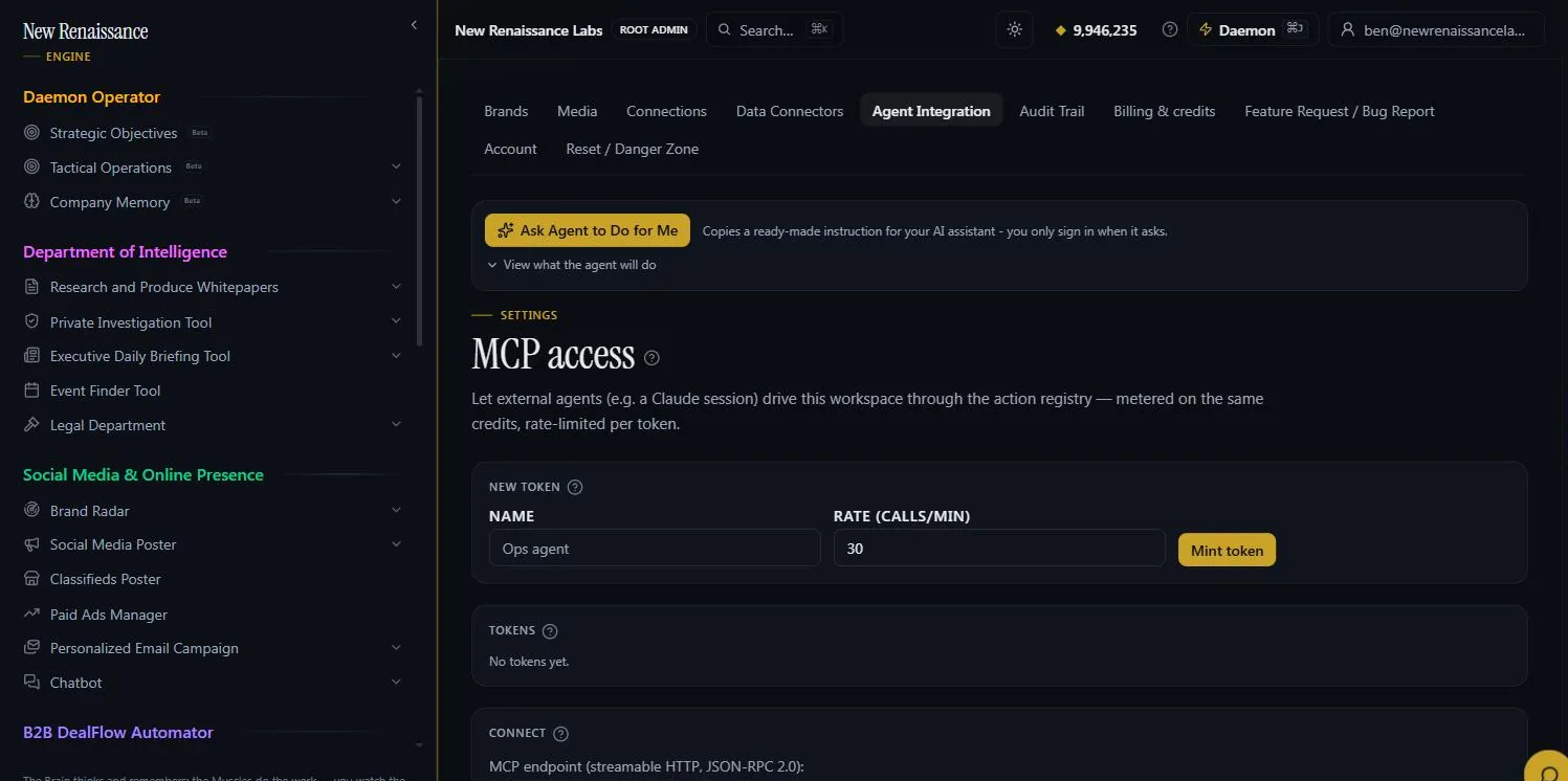 Agent Integration settings showing MCP token creation, revocation and the external-agent mode selector