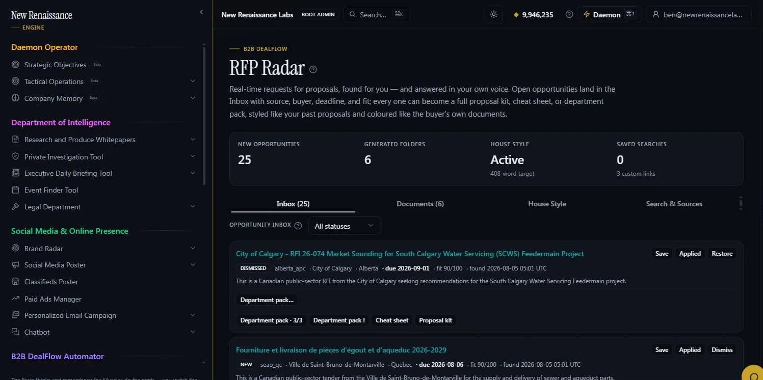 RFP Radar: new opportunities, generated folders, house style and saved searches, with an opportunity inbox showing source, buyer, deadline and fit score for each request.