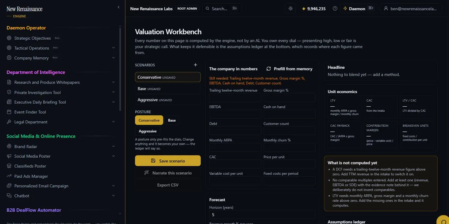 Valuation Workbench: scenarios and posture presets, the company in numbers with prefill from memory, unit economics, what is not computed yet, and the assumptions ledger.